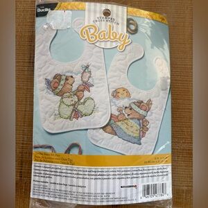 Bucilla Stamped 2016 Cross Stitch Baby Bear Bib Kit Set of 2 Sealed NIP #47784